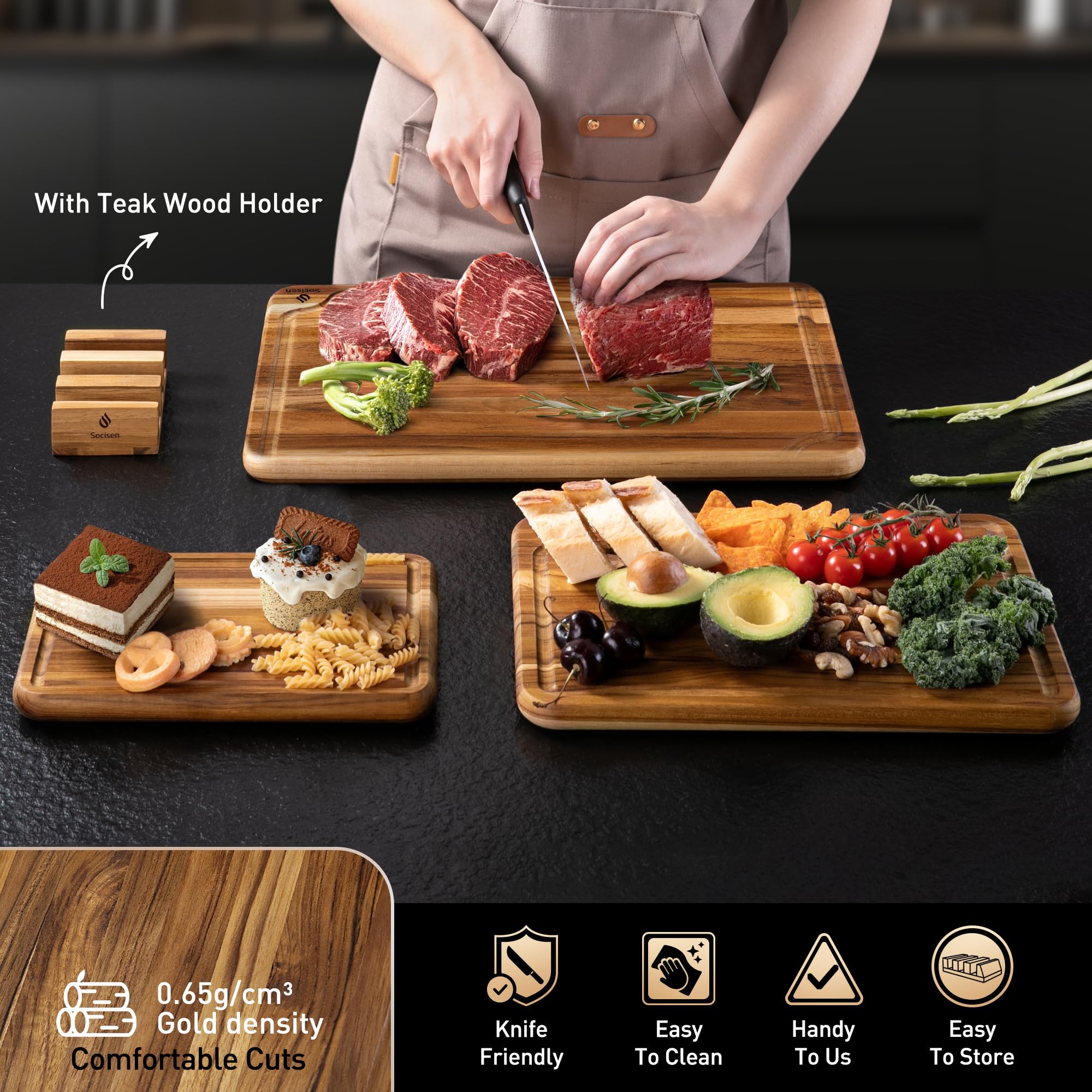 Socisen teak cutting boards rounded edges for comfortable grip during prep.