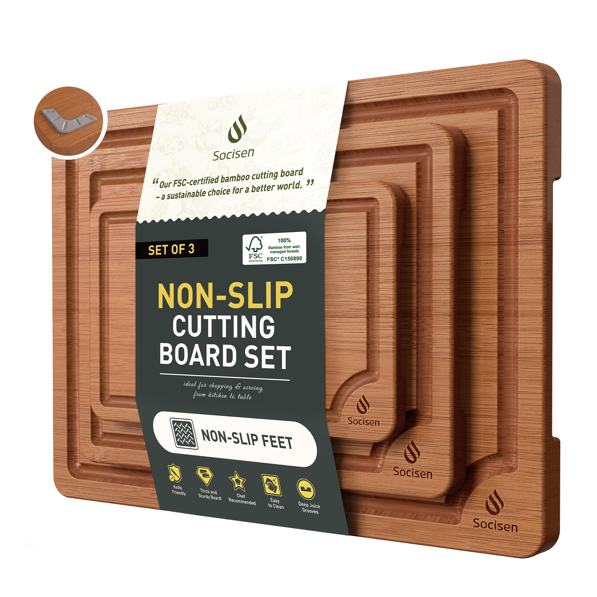 Socisen three-size bamboo cutting boards with versatile prep for small, medium, and large tasks.