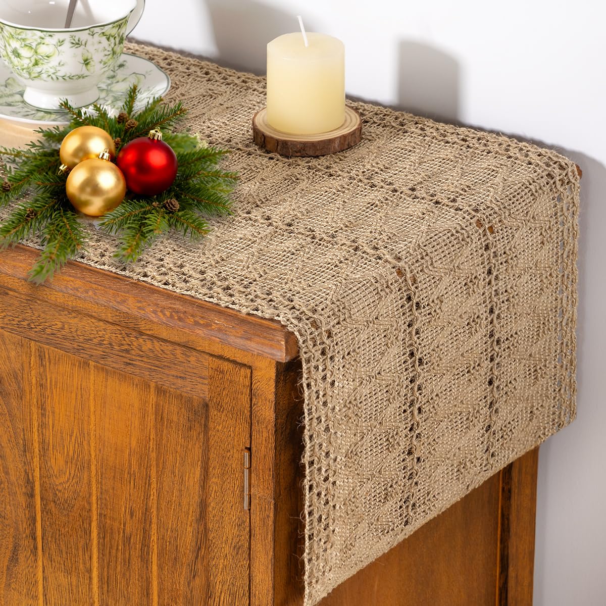 Socomi boho table runner showing burlap texture for rustic dining decor