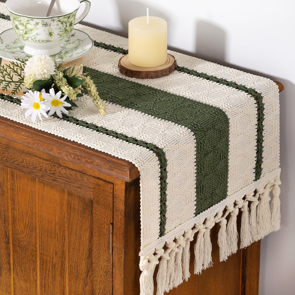 Socomi boho runner with fringed edges adds texture to tabletops.