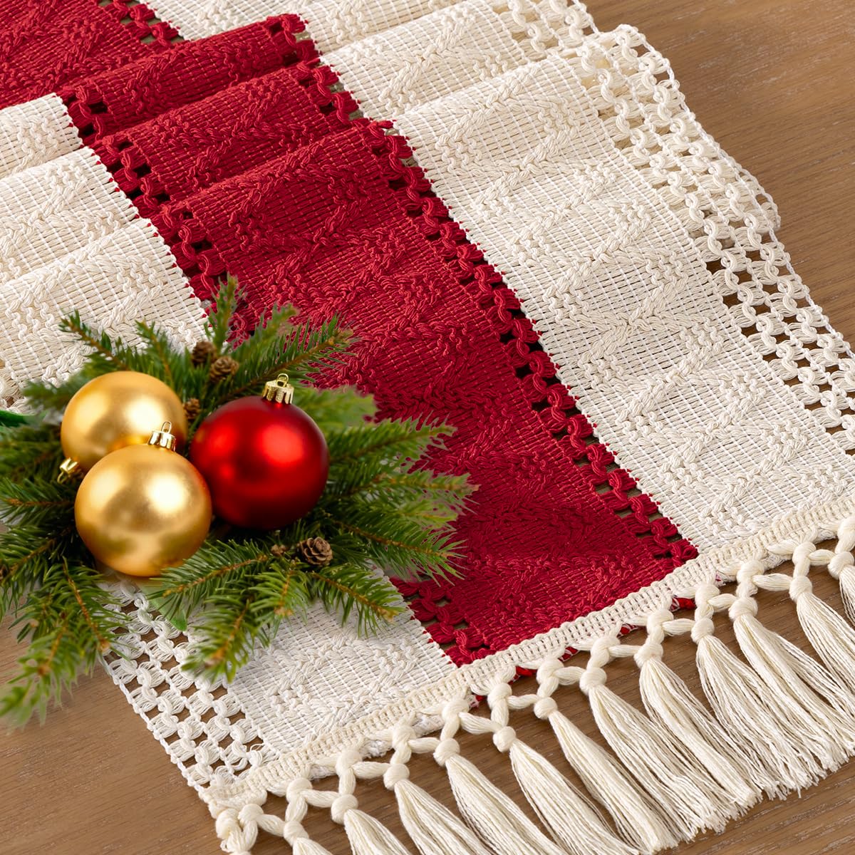 Socomi boho macrame table runner with red ivory fringe for cozy farmhouse dining.