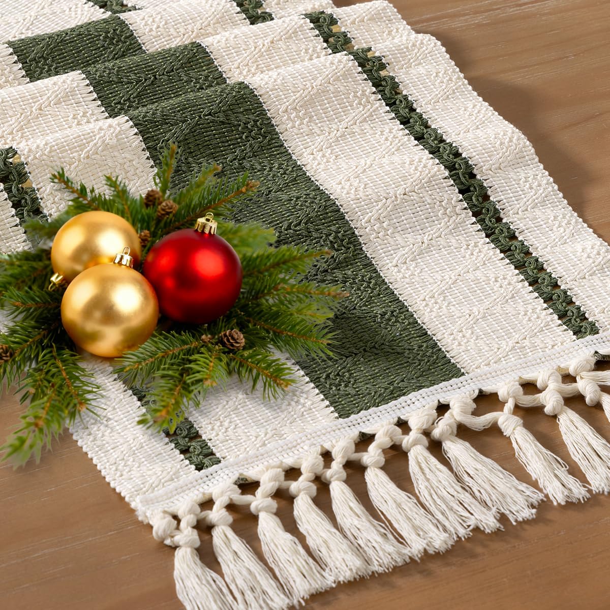 Socomi Boho table runner in olive green, ideal rustic dining centerpiece.