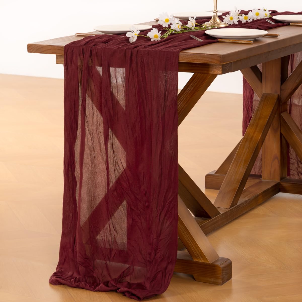 Socomi burgundy red cheesecloth runner edge stitching detail