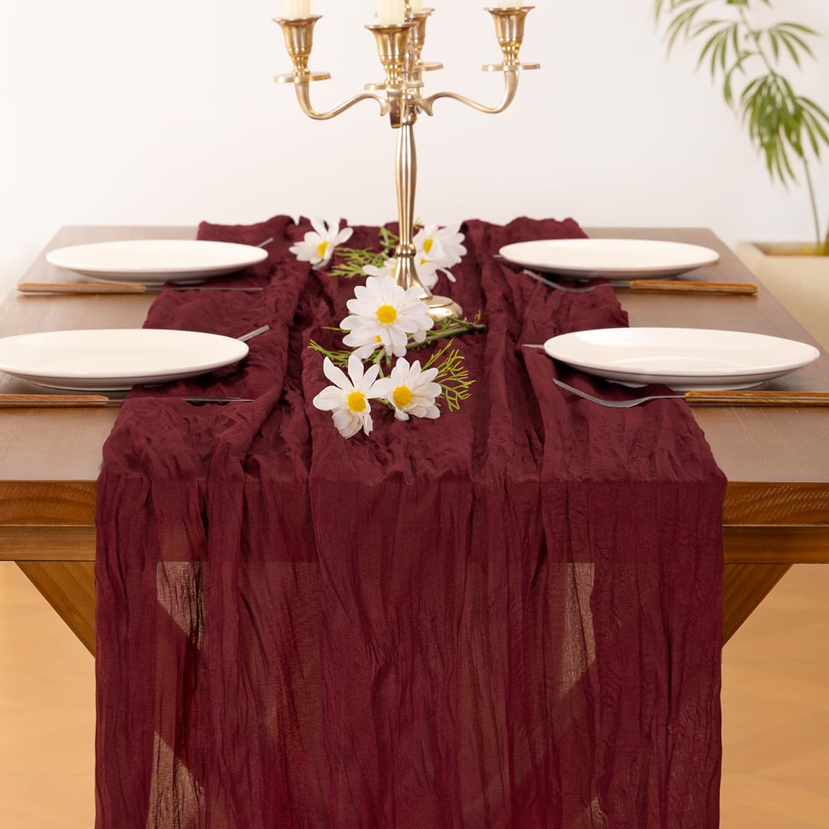Socomi burgundy cheesecloth runner elevates Valentine’s Day table with warm tones