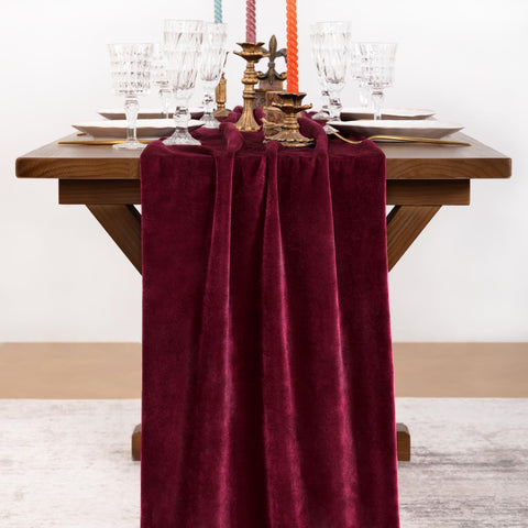 Close-up shows Socomi edge stitching on velvet runner for refined detail.