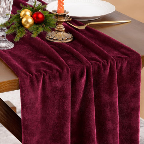 Socomi Burgundy Velvet Table Runner on dining table for an elegant centerpiece.
