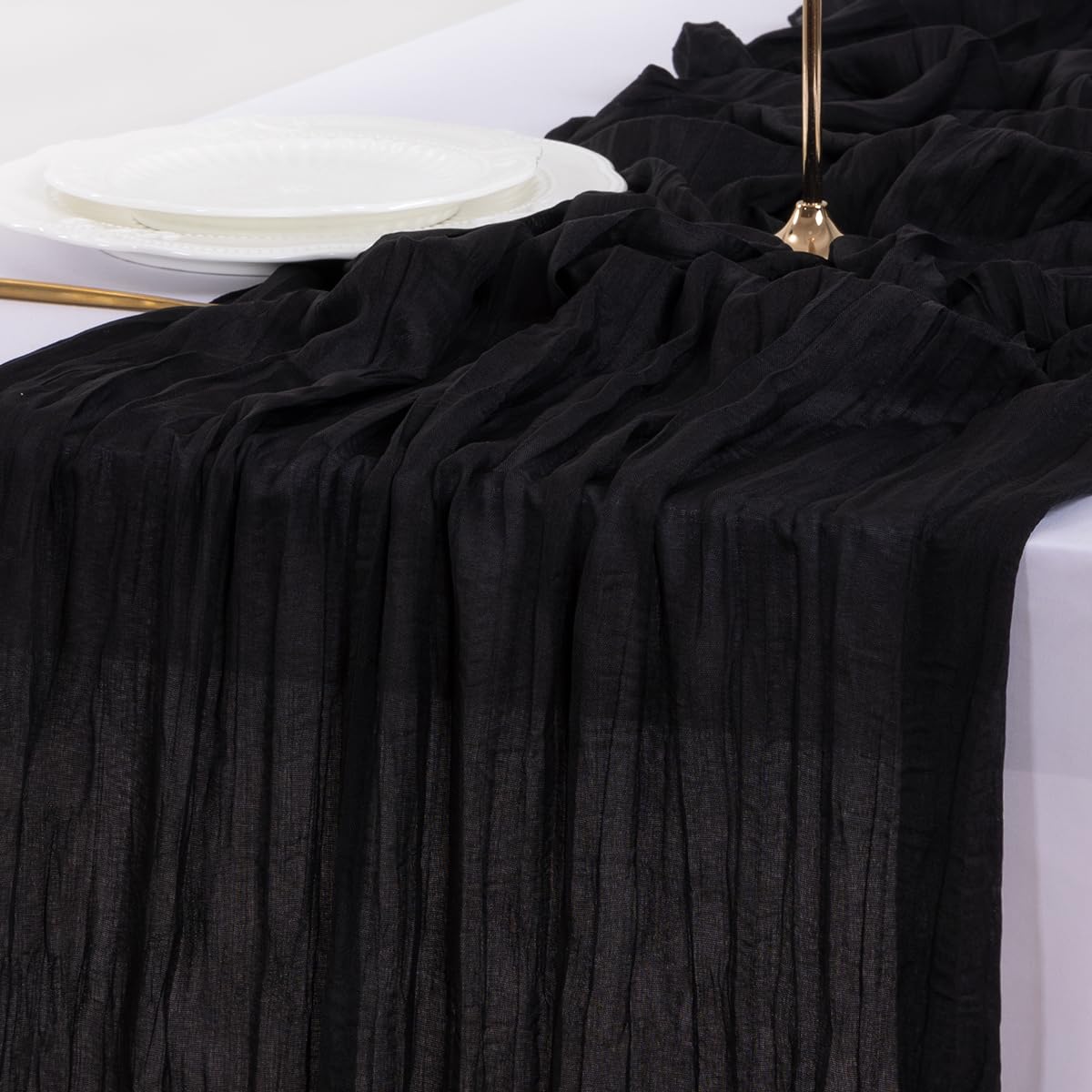 Socomi cheesecloth runner care in use demonstrates easy laundering.