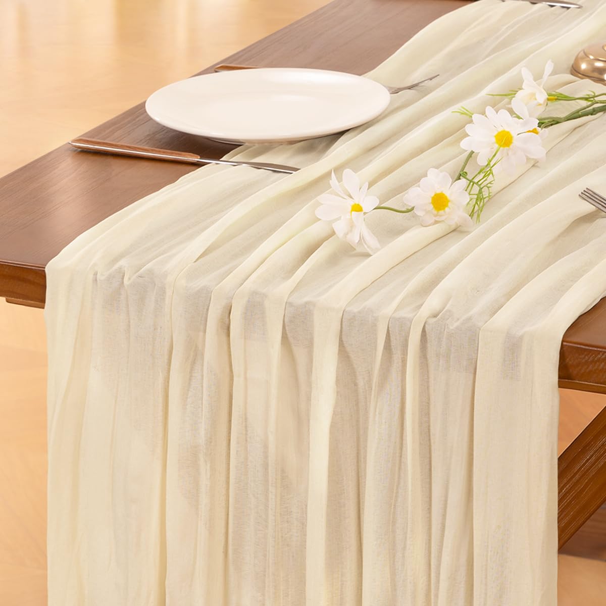 Socomi beige cheesecloth runner close-up reveals soft texture for rustic decor