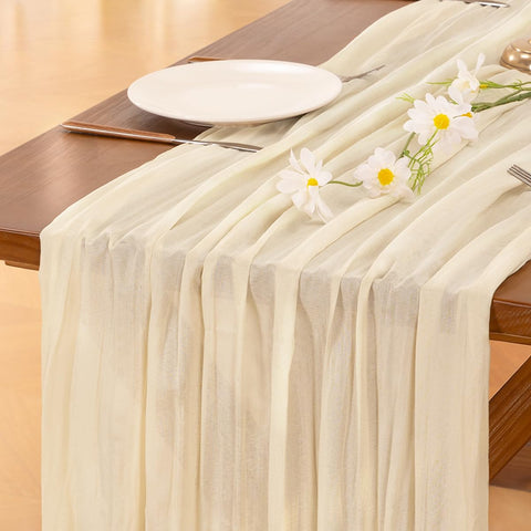 Socomi beige cheesecloth runner close-up reveals soft texture for rustic decor