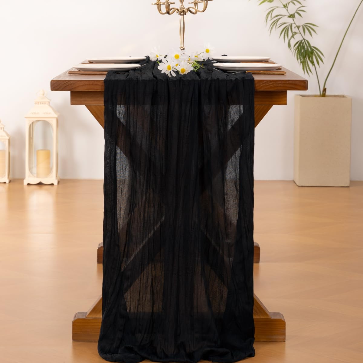 Socomi cheesecloth table runner edge stitching shown for durable fray resistance.