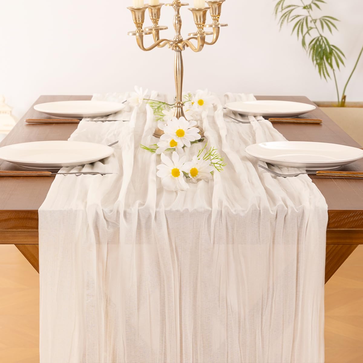 Socomi rustic cheesecloth runner enhances bridal party tables with textured charm.
