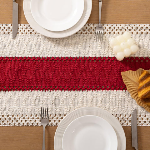 Socomi red ivory runner elevates coffee tables with durable cotton-linen weave.