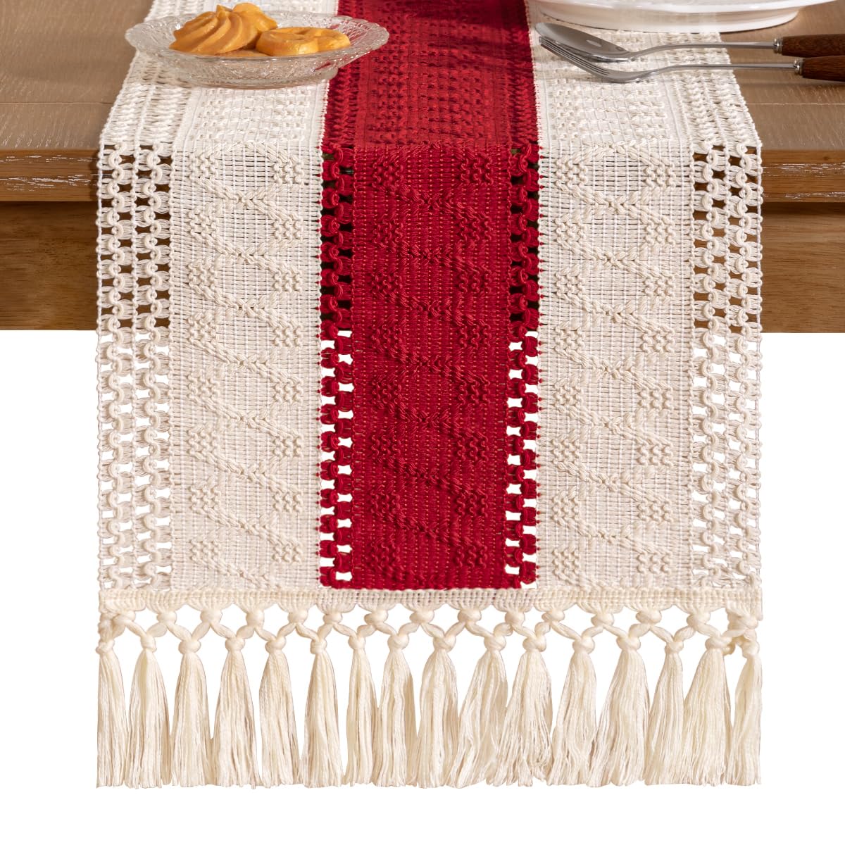 Socomi dresser runner with tassels enhances bedroom decor and dresser styling.