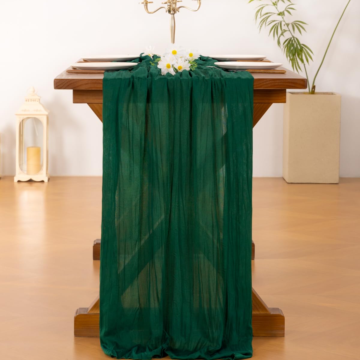 Socomi emerald-green boho rustic table runner brings natural texture to decor