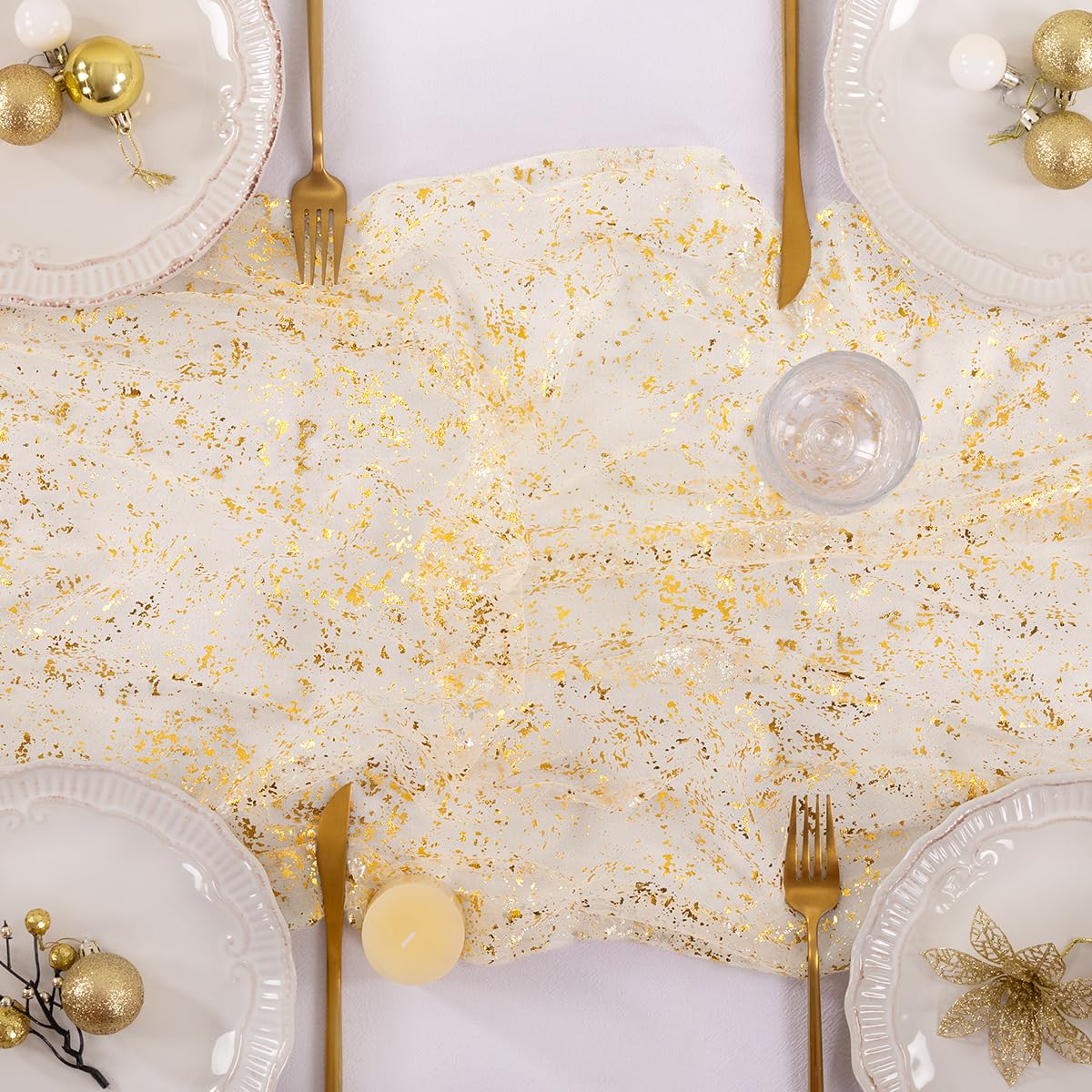 Socomi Gold Table Runner beige color closeup highlights fabric texture.