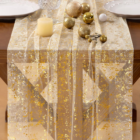 Socomi Gold Table Runner cheesecloth texture adds soft elegance.