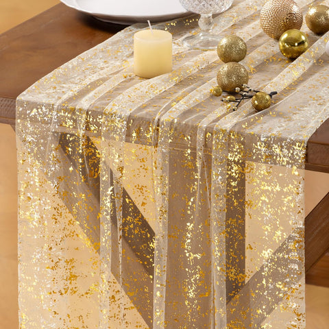 Socomi Gold Table Runner glitter-foil detail enhances festive table decor.