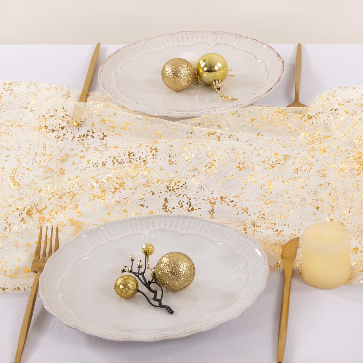 Socomi Gold Table Runner holiday-table-decor creates soft glow.
