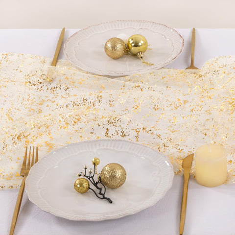 Socomi Gold Table Runner holiday-table-decor creates soft glow.