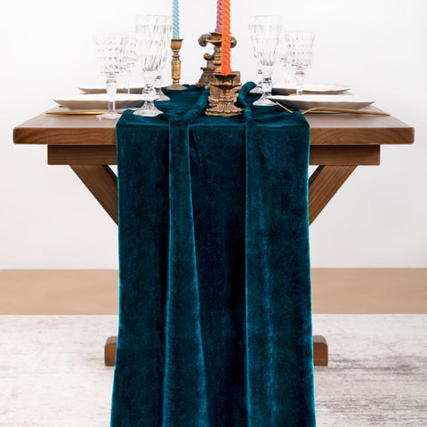 Socomi Peacock Velvet Table Runner edge stitching highlights craftsmanship