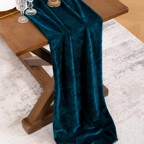 Socomi Peacock Velvet Table Runner close-up shows soft wrinkle-resistant velvet texture