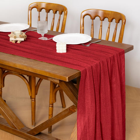 Socomi rustic boho cheesecloth runner highlights soft texture and flowing drape.