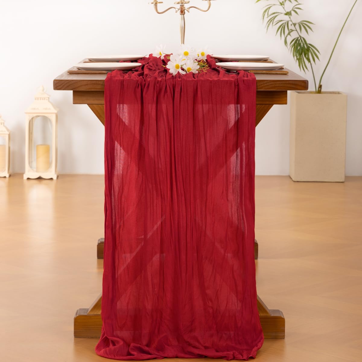 Socomi rustic gauze runner displayed on a formal dining table