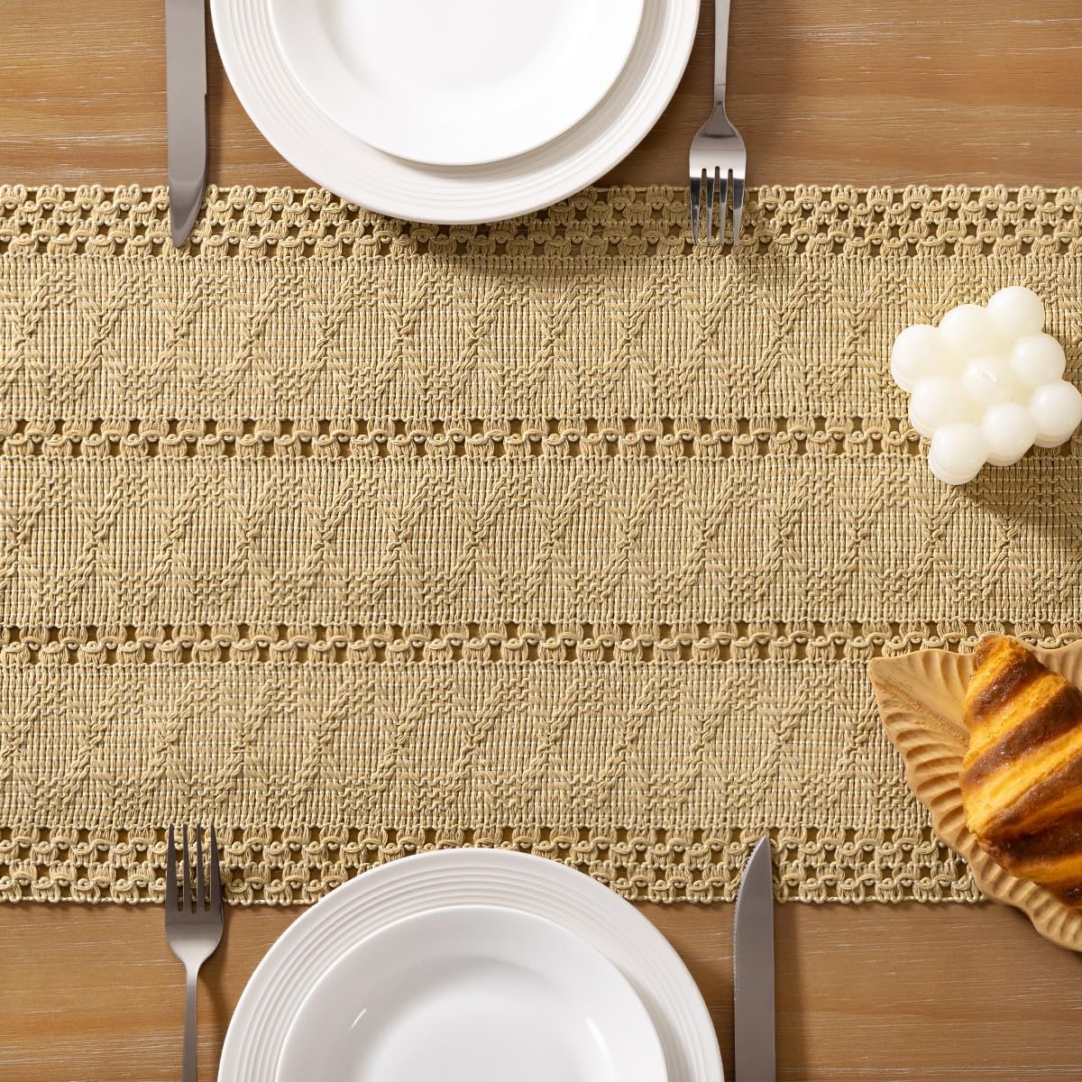 Socomi champagne-color table runner lends elegant, welcoming accents.