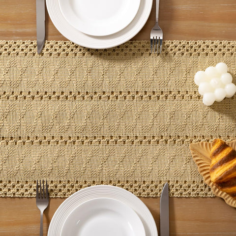 Socomi champagne-color table runner lends elegant, welcoming accents.
