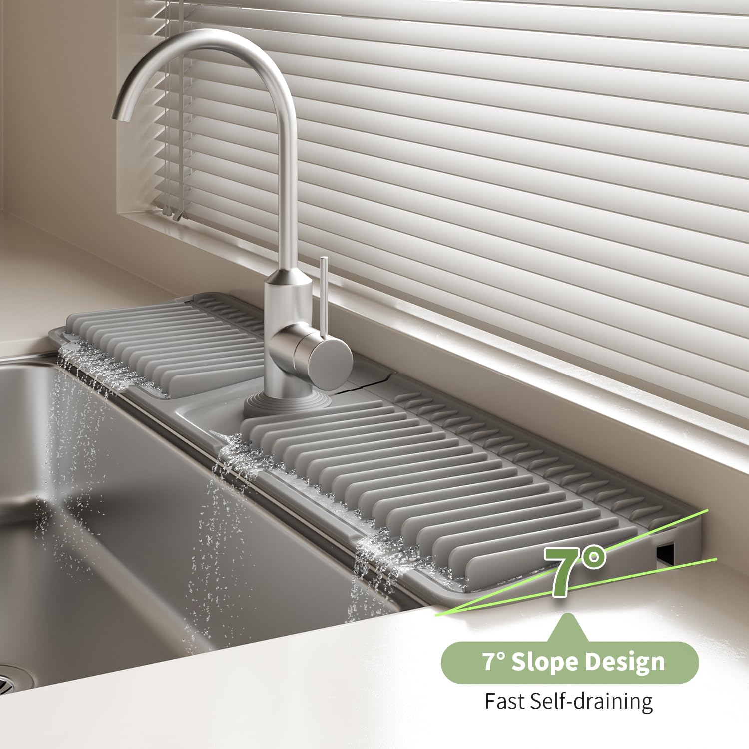 SOCORIA mat used as a dish soap holder and drying surface in a tidy kitchen