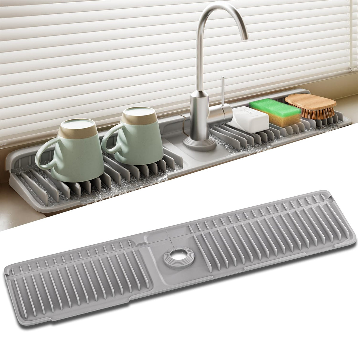 SOCORIA Faucet Mat installed under the kitchen faucet to protect the sink area and keep it dry