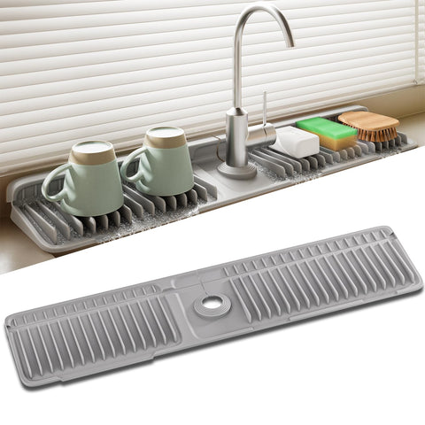 SOCORIA Faucet Mat installed under the kitchen faucet to protect the sink area and keep it dry