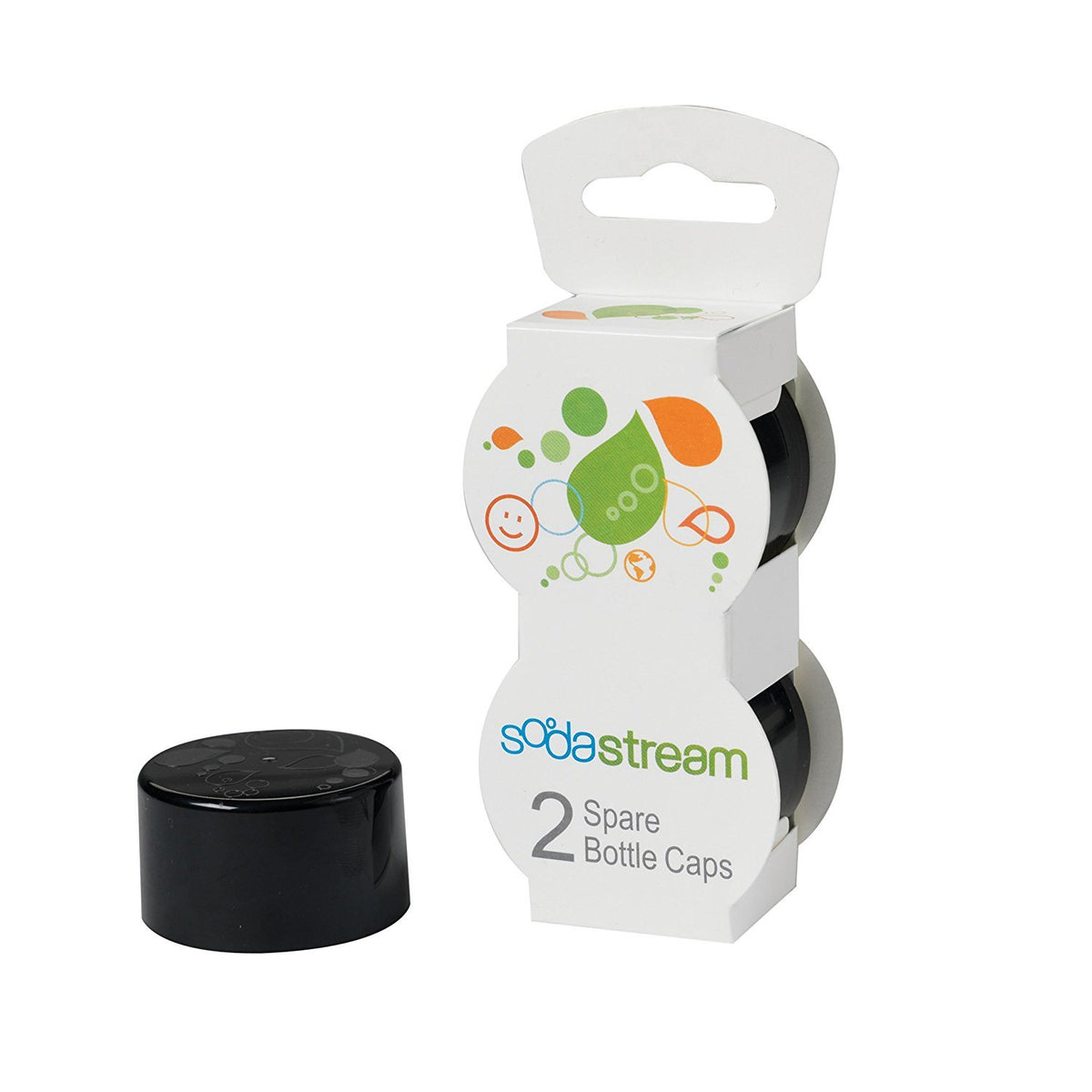 SodaStream bottle caps black 2-pack closeup, hermetically sealing to maintain fizz and freshness.