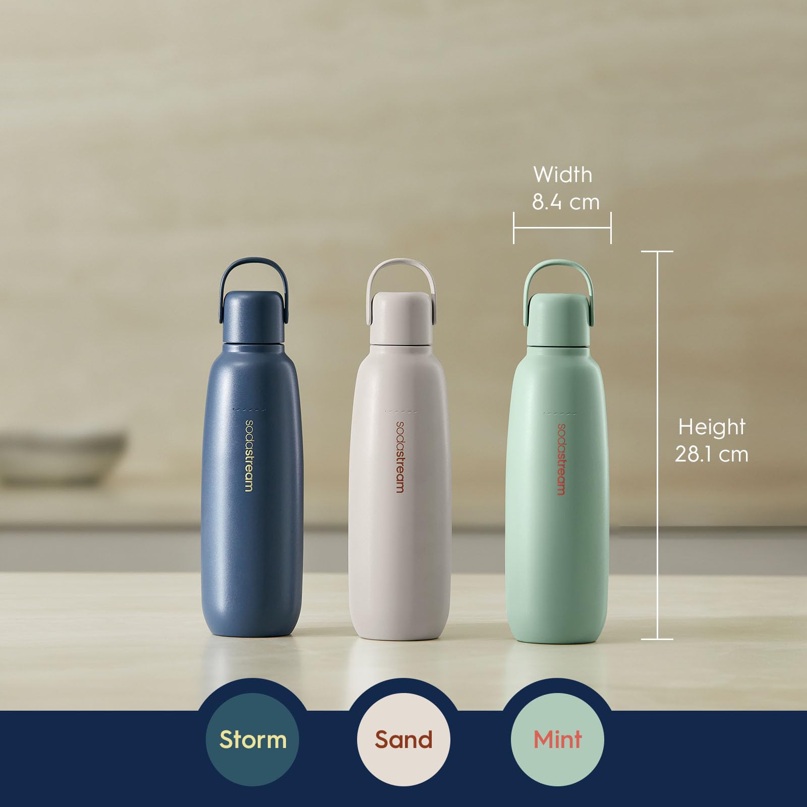 SodaStream Fizz & Go Cool Sand bottle in car cupholder, travel-friendly.