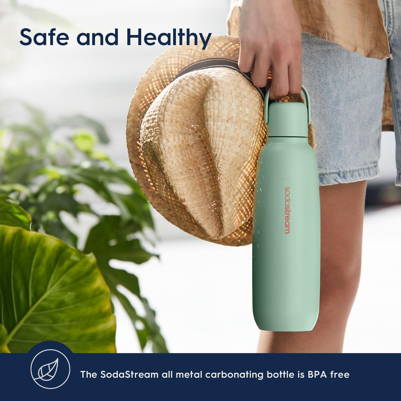 SodaStream Fizz & Go Cool Sand bottle resting on a desk for daily use.