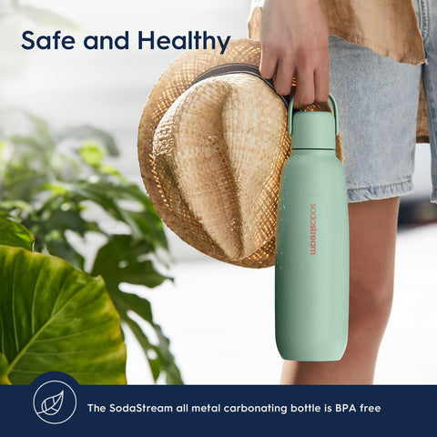 SodaStream Fizz & Go Cool Sand bottle resting on a desk for daily use.