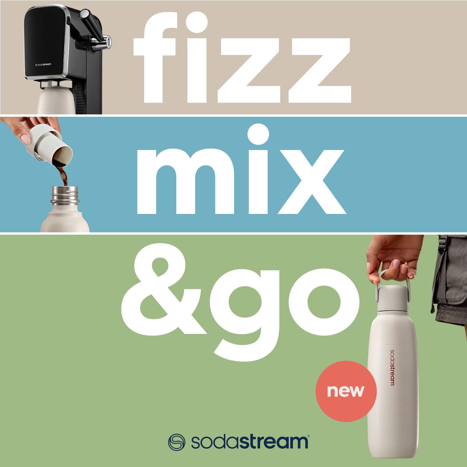 SodaStream Fizz & Go Cool Sand bottle with handle; ideal for on-the-go hydration.