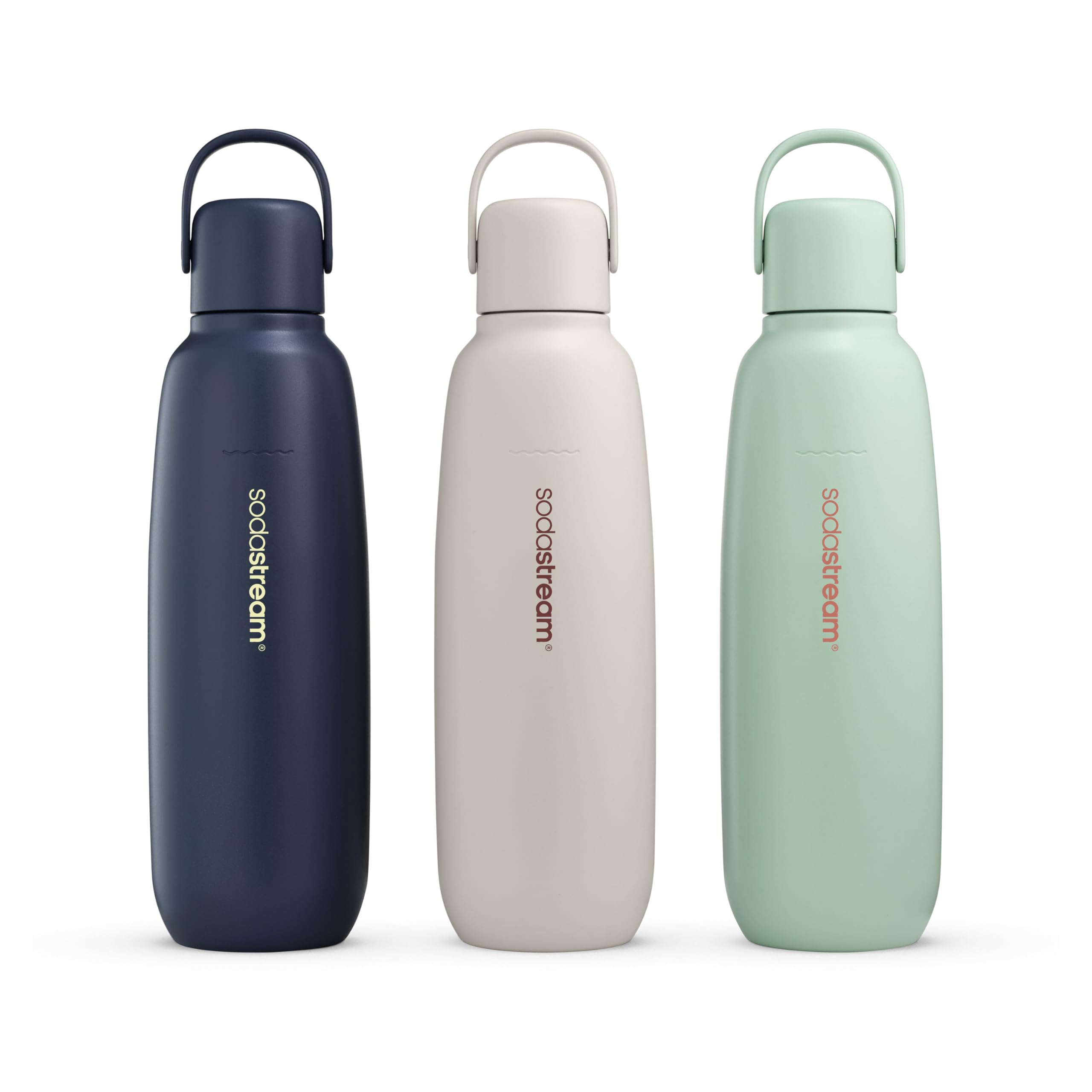 SodaStream Fizz & Go Cool Sand bottle side angle highlights ergonomic carrying handle.
