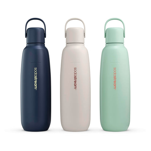 SodaStream Fizz & Go Cool Sand bottle side angle highlights ergonomic carrying handle.