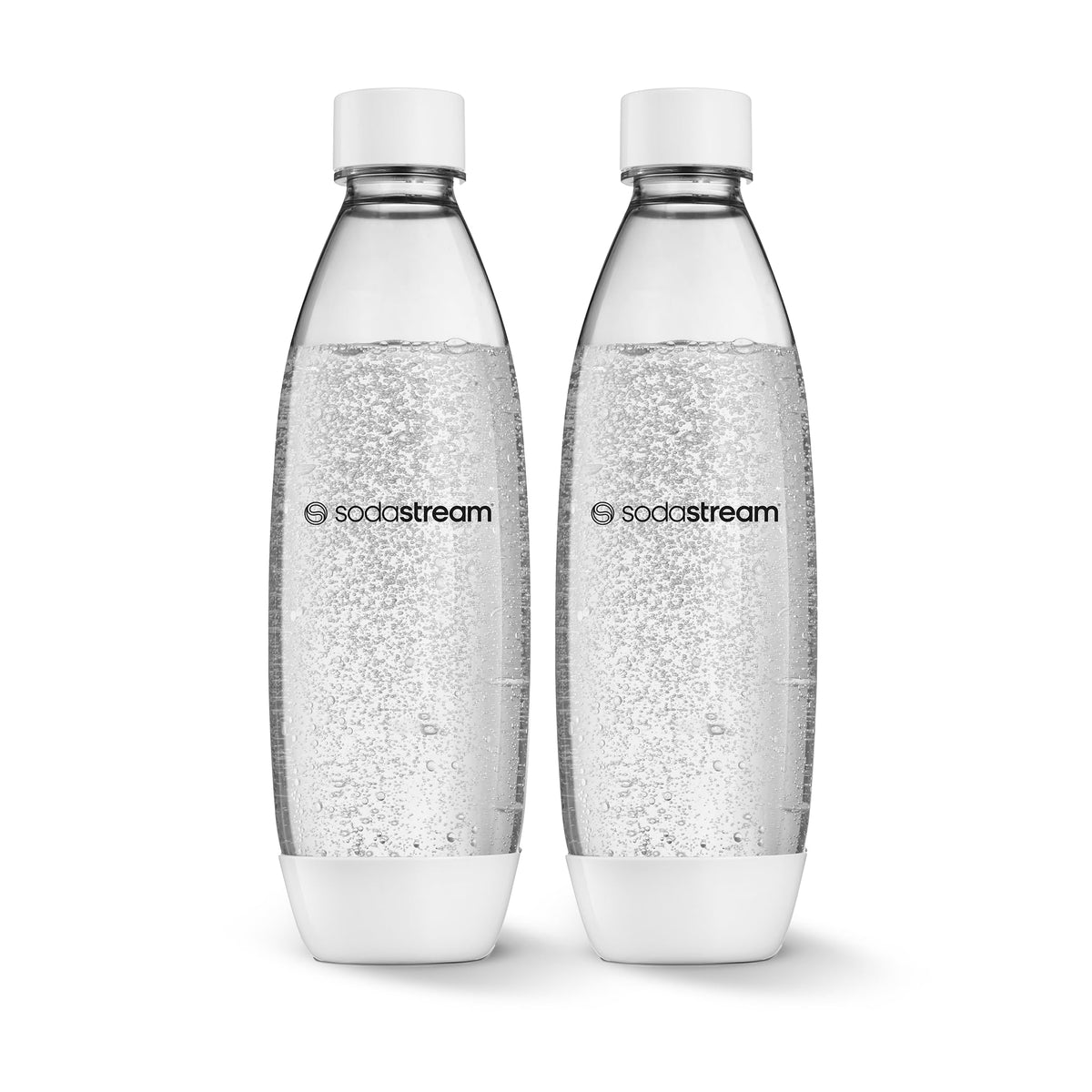 SodaStream 1L slim white bottle on kitchen counter, ideal for everyday fizz.