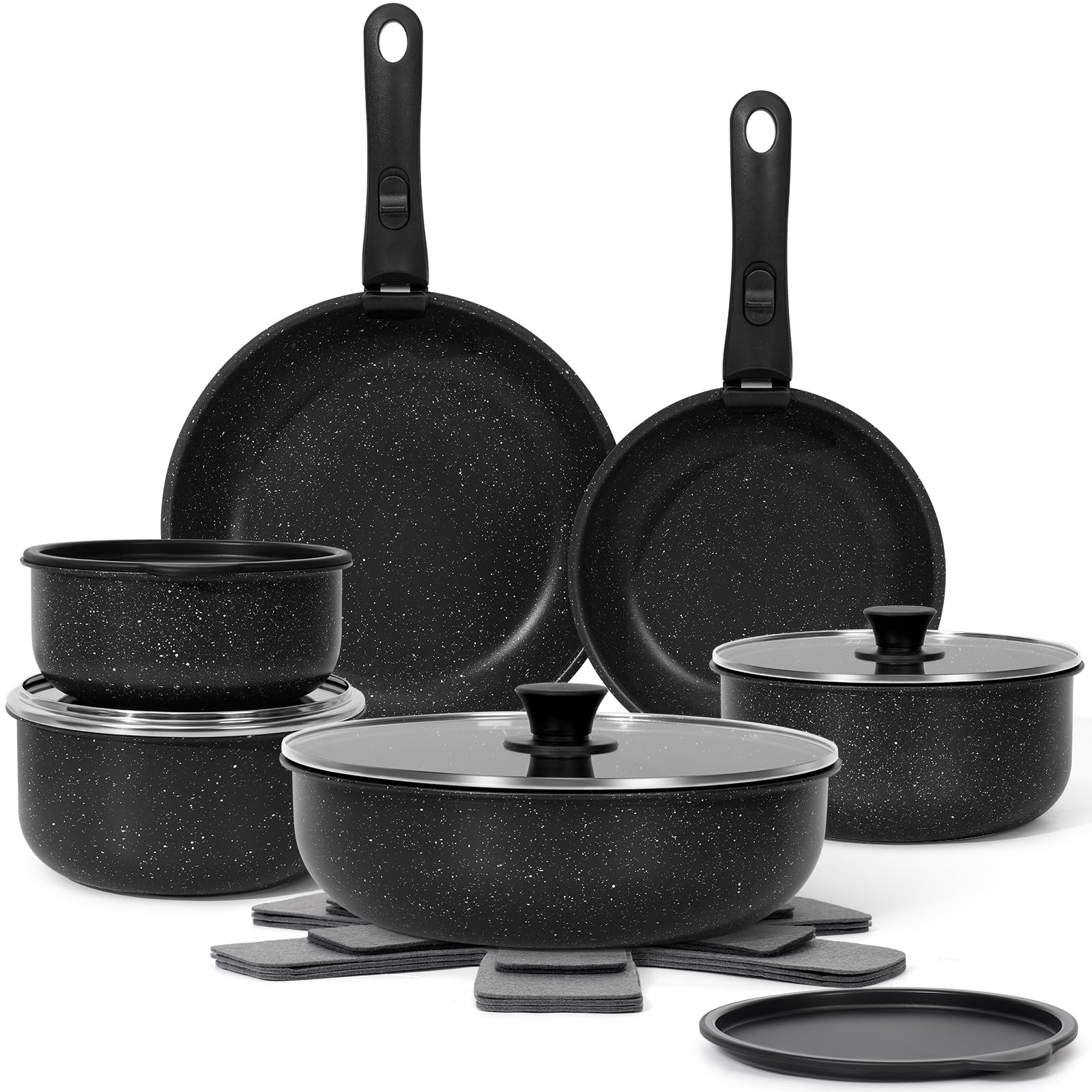 SODAY 17-piece pots and pans set with detachable handles for versatile RV cooking