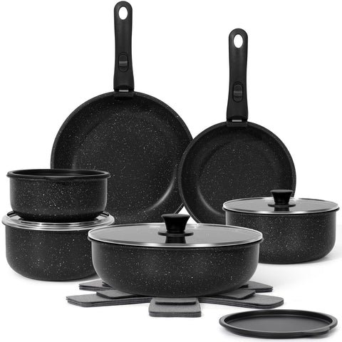 SODAY 17-piece pots and pans set with detachable handles for versatile RV cooking