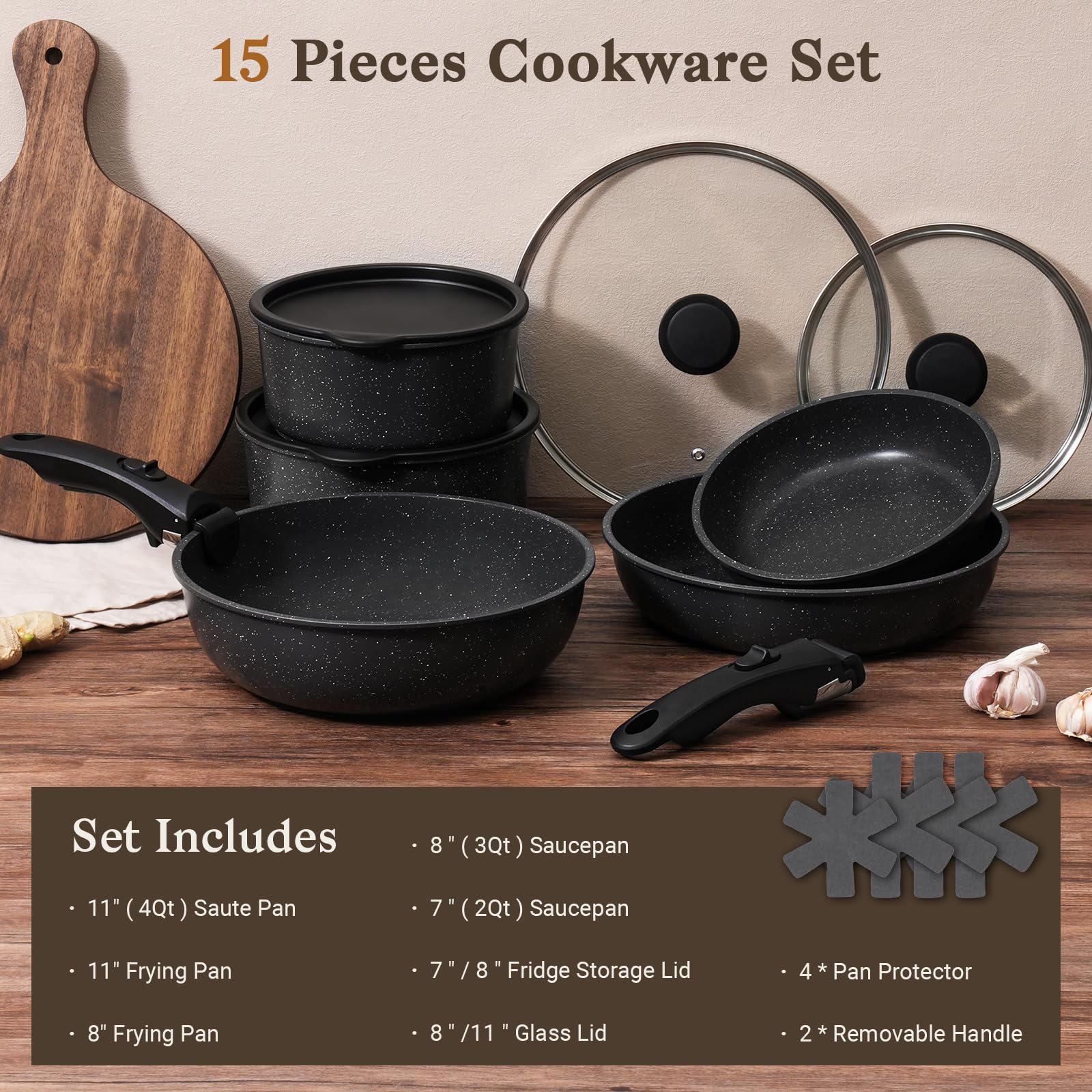 SODAY detachable handles shown on cookware for easy stacking and quick swapping.