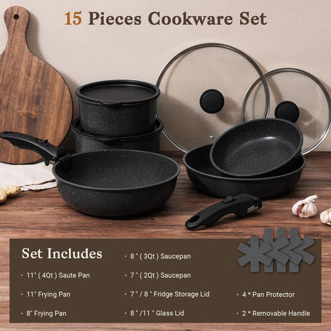 SODAY detachable handles shown on cookware for easy stacking and quick swapping.
