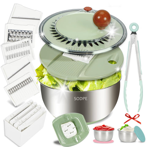 SODPE salad spinner with five blades dries greens quickly for crisp, ready-to-use lettuce.