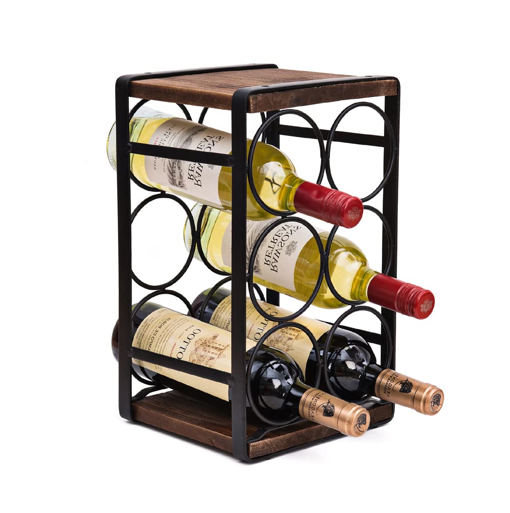 SODUKU rustic wood countertop wine rack displaying six bottles on a kitchen counter.