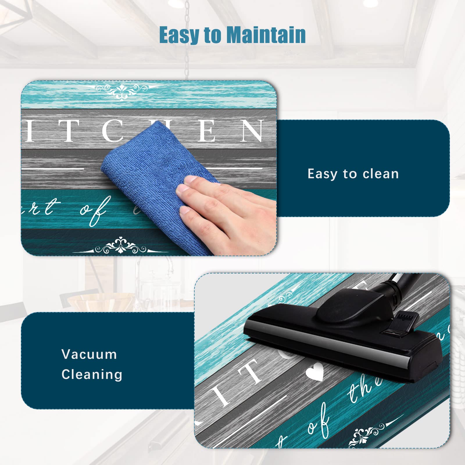 Two sizes fit front of sink or desk area (17x29).