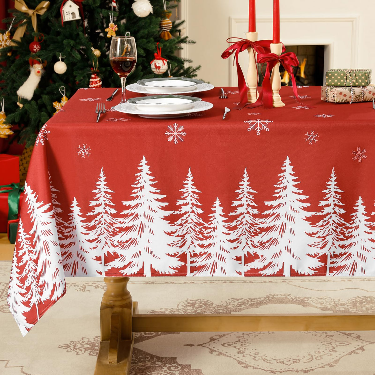 Softalker Christmas tablecloth with red trees for festive dining and protection