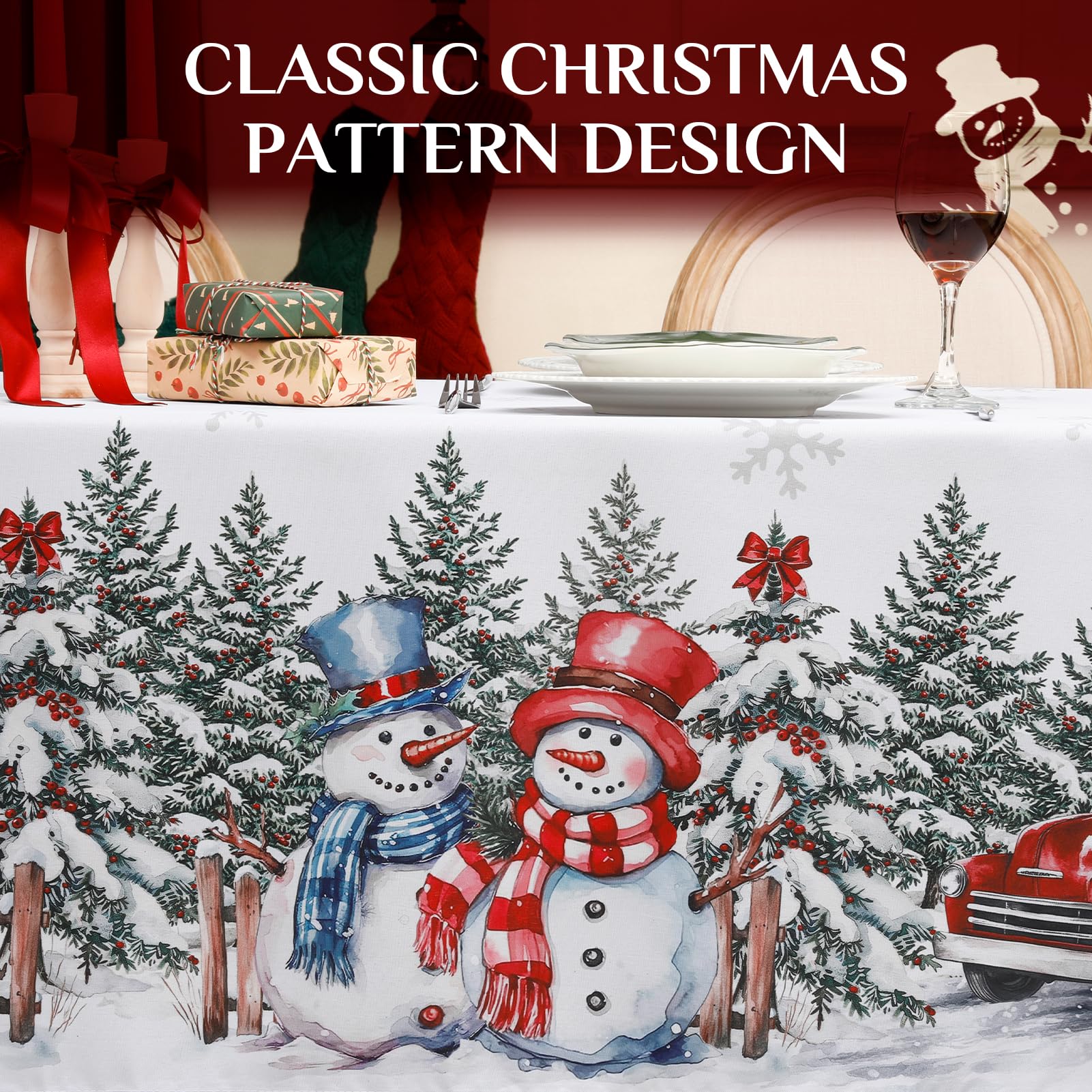 Softalker Christmas tablecloth on a kitchen table with holiday dinner setup