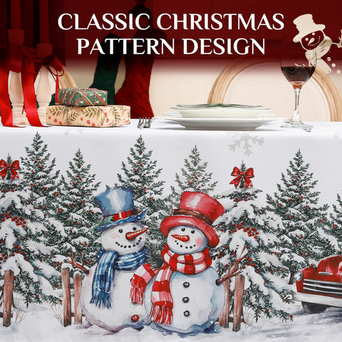 Softalker Christmas tablecloth on a kitchen table with holiday dinner setup